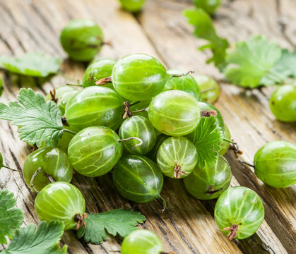 Gooseberries on the wooden table.