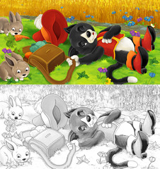 Cartoon cat working in the field - pretending to sleep to catch rabbits - with coloring page - illustration for children