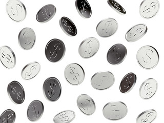 Falling silver coins isolated on white background. 3D illustration