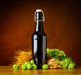 Beer Bottle with Hops and Wheat