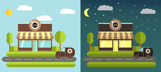 Fototapeta na wymiar flat illustration with the image of a coffee house and the car on delivery and sale of coffee.Facade of a coffee shop store or cafe.Flat design coffee on wheels.flat picture car delivering.