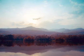 Fototapeten Landscape of lake mountains in autumn - vintage styles. © jakkapan