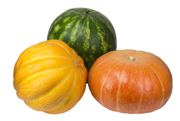 pumpkin, watermelon and melon on white background isolated