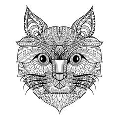 Zentangle style cat face illustration in doodle style. Vector mo
