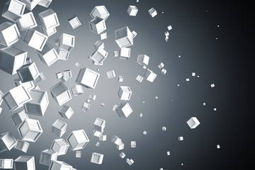 Abstract background made of white flying boxes over dark bg. Copy space. 3d rendering.