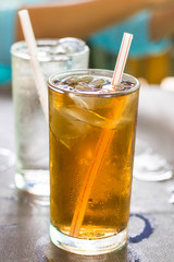 Glass of tea with ice on a table in a restaurant.