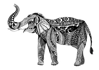 Vector hand drawn Elephent. Black and white zentangle art. Ethni