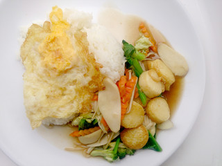 Stir Fried Tofu in Chinese Style,Deep Fried Tofu with Gravy Sauce ,Stir fried tofu with  mixed vegetables in white plate on white background. Vegetarian Food, healthy food.