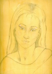 'Regret' Pencil drawing on sepia background of young woman with sad expression