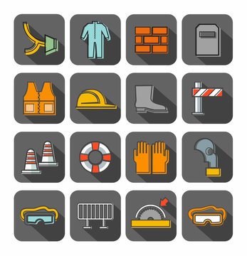 Occupational safety, badges, contour, color, gray background. Vector flat icons with protective clothing and items of human security. Color linear image on a gray background with shadow. 