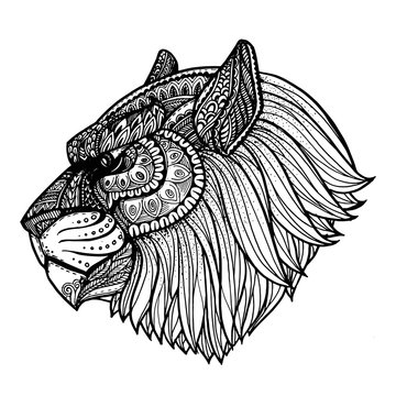 Vector hand drawn Tiger face. Black and white zentangle art. Eth