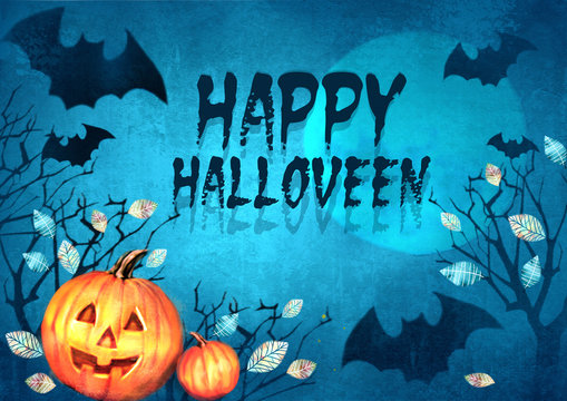 Halloween spooky background with bats flying in the moonlight autumn trees and pumpkins. Scary Halloween background.