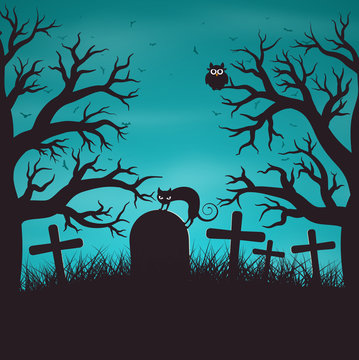 Halloween night background in wood on an old graveyard with cat on tombstone. Gloomy blue background with trees, bat, owls.