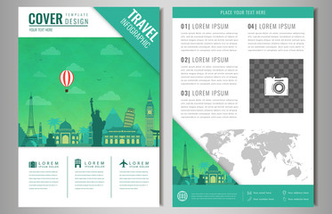 Travel brochure design with famous landmarks and world map. Template for Travel and Tourism Business concept. Vector