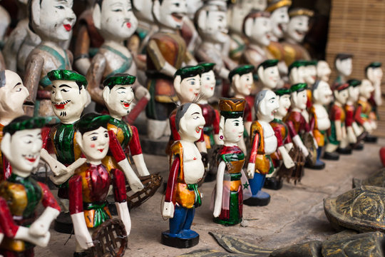 The Vietnamese traditional water puppets of the theater in Hanoi, Vietnam. Each puppet represents one character in the normal life in the past