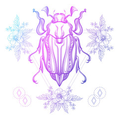 Boho tattoo. Color Scarab beetle, May bug in hipster triangle fr