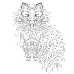 Cat with Fluffy tail in zentangle style. Freehand sketch for adu - 121629391