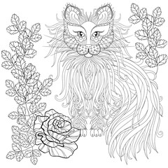 Fluffy Cat in roses, zentangle style. Freehand sketch for adult