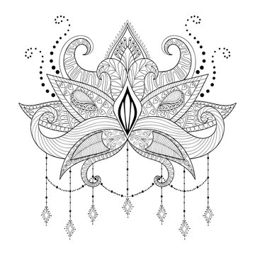 Boho doodle Lotus flower, blackwork tattoo design, Indian paisle