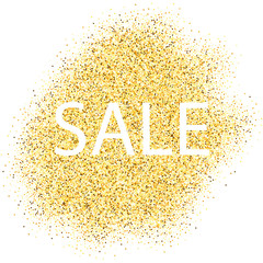 Sale type on Golden glitter sparkles background, template for ba