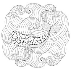 Obraz premium Sperm Whale in waves, zentangle style. Freehand sketch for adult