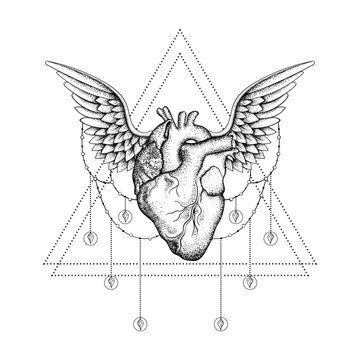 Hand drawn boho tattoo. Blackwork heart with wings in hipster tr