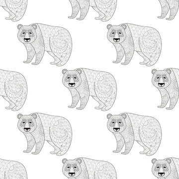 Panda seamless pattern. Freehand ethnic sketch for adult colorin