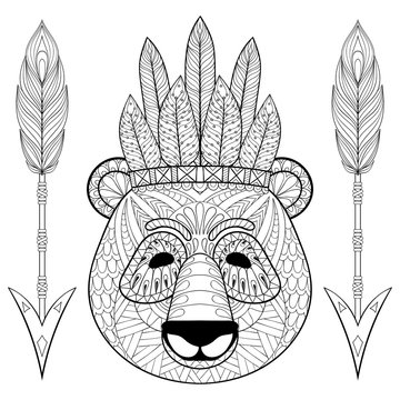 Panda with warbonnet, arrows in zentangle style. Freehand sketch