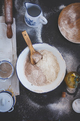 Country kitchen still life for baking ingredients. Top view.
