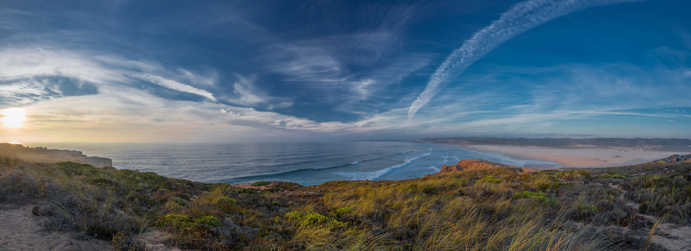 Sunset panorama at Praia da Bordeira, Algarve, Portugal