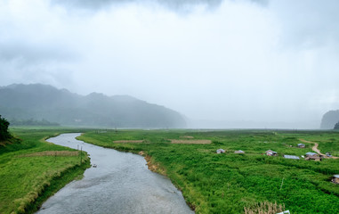 River curve with village cultivated in rainy season