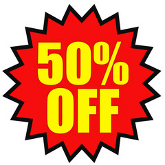 Discount 50 percent off. 3D illustration on white background.