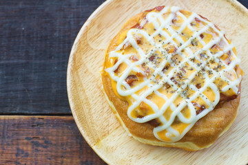 top view pizza donut on wood dish
