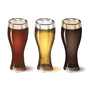 Vector illustration of different beer on white. Hand-drawn, sketch.