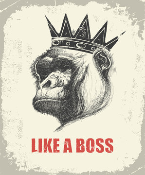 Monkey Face With Like A Boss Inscription