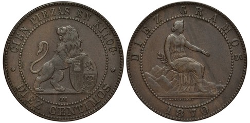 Spain, Spanish coin, ten centimos 1870, lion holding oval shield with tower, smaller lion, stripes...