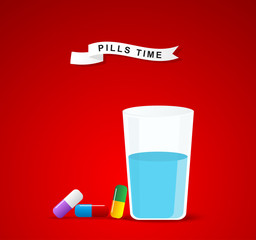 It is time for drugs,pill.Medical pill and glass of water