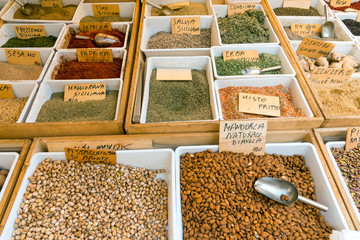 Seasoning, Pistachio and corn for sale on a market in Syracuse, Sicily