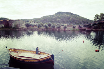 small wooden boat in Temo river
