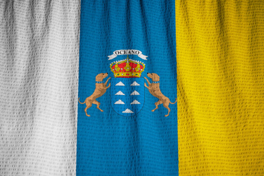 Closeup of Ruffled Canary Islands Flag, Canary Islands Flag Blow