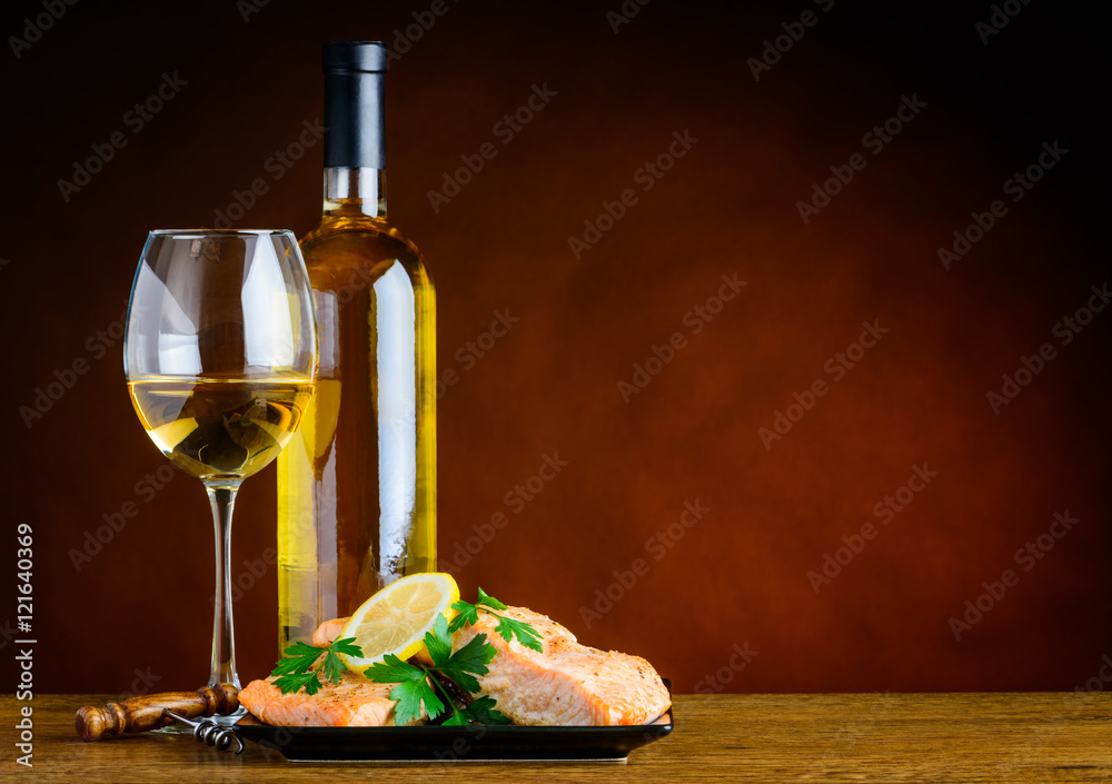 Wall mural white wine and cooked fish with copy space