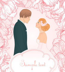 Pink wedding background with couple and flowers
