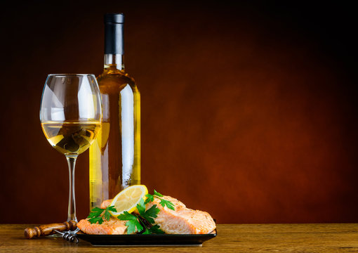 White Wine and Cooked Fish with Copy Space