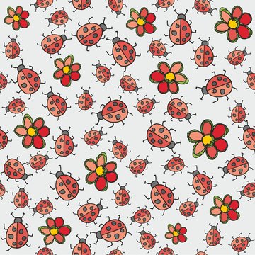 Seamless floral vector pattern with ladybug
