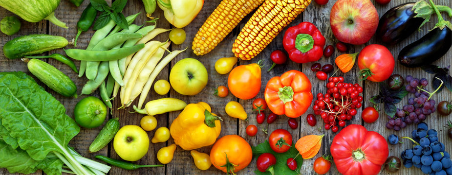 green, red, yellow, purple vegetables and fruits
