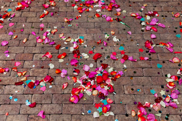 Red and pink rose petals scattered on stone sidewalk