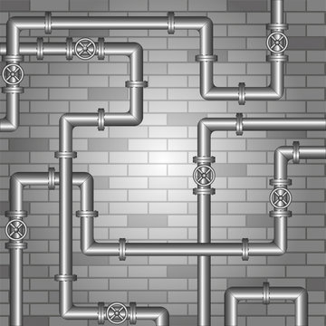 Pipeline silver on gray brick wall. Vector illustration on a white background.