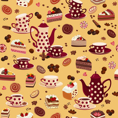 Seamless pattern with coffee pots, cups and sweets.