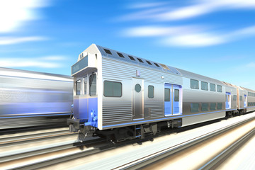 3D design image of passenger train on multi-colored background