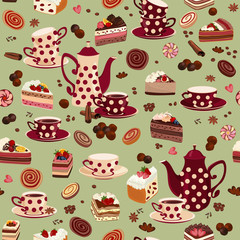 Seamless pattern with coffee pots, cups and sweets.
